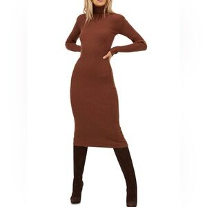 Astr Ribbed Knit Midi Dress in Brown